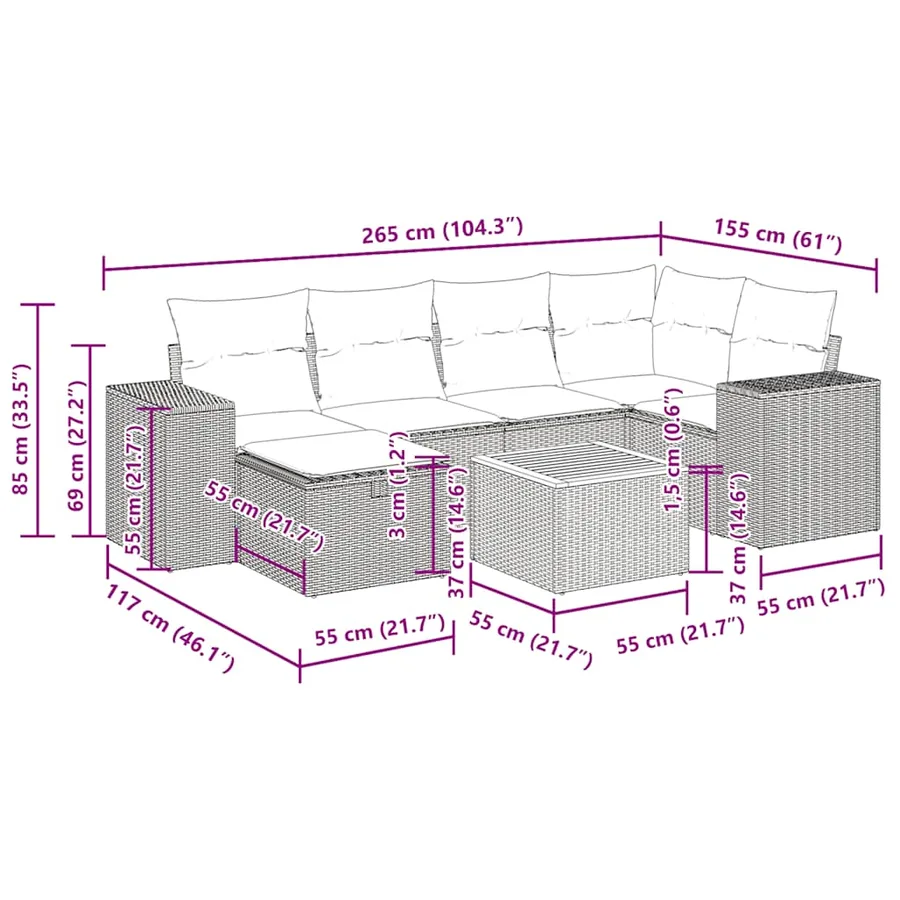 Salon de jardin 7 pcs avec coussins noir résine tressée 93 x 62 x 69 cm - 61,8 kg - 14