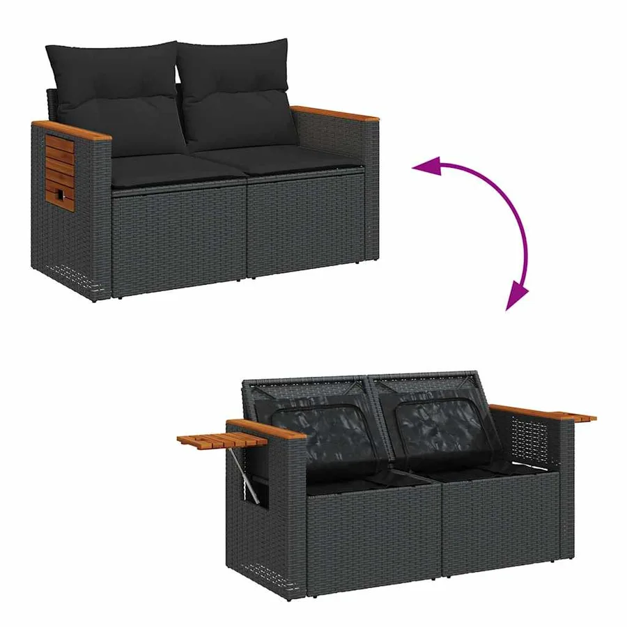 Salon de jardin 6 pcs avec coussins noir résine tressée - 9