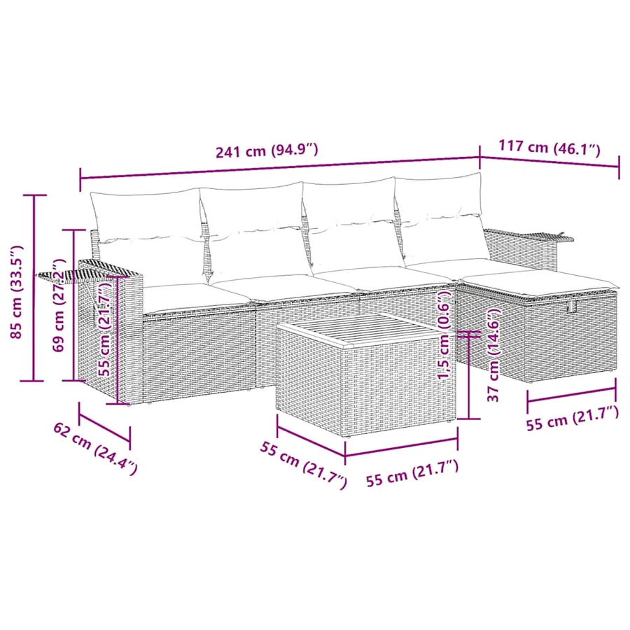 Salon de jardin 6 pcs avec coussins noir résine tressée - 13