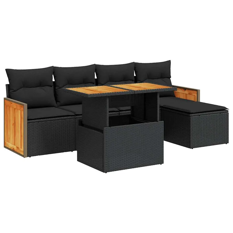 Salon de jardin 6 pcs avec coussins noir résine tressée acacia - 2