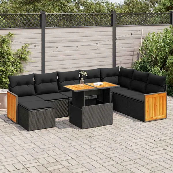Salon de jardin avec coussins 9 pcs noir résine tressée acacia
