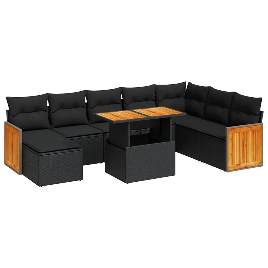 Salon de jardin avec coussins 9 pcs noir résine tressée acacia - 2