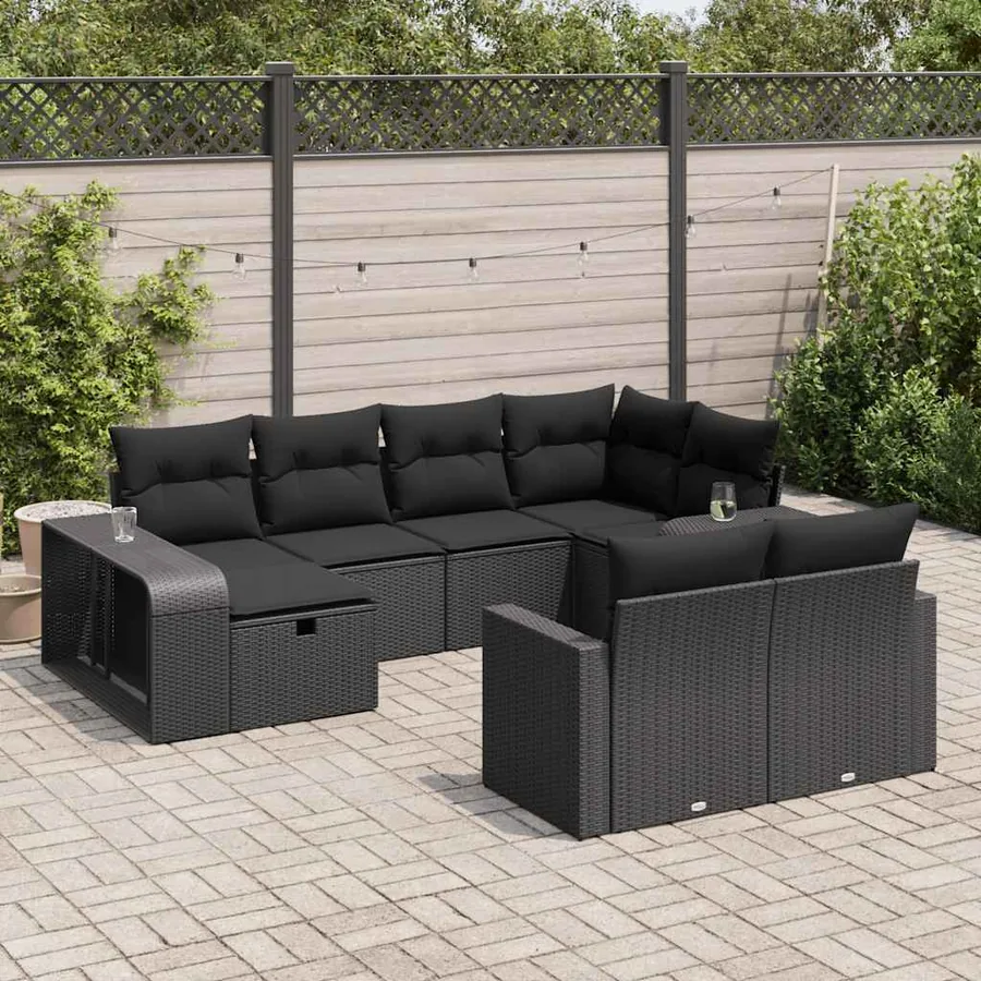 Salon de jardin 10 pcs avec coussins noir résine tressée