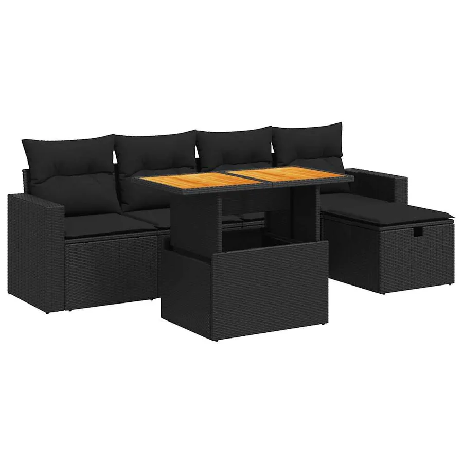 Salon de jardin 6 pcs avec coussins noir résine tressée acacia - 2