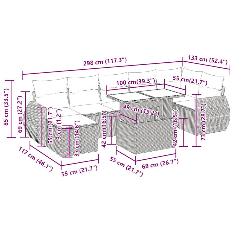Salon de jardin avec coussins 8 pcs beige résine tressée - 17