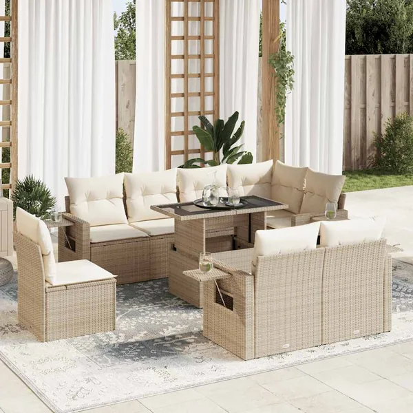 Salon de jardin avec coussins 9 pcs beige résine tressée