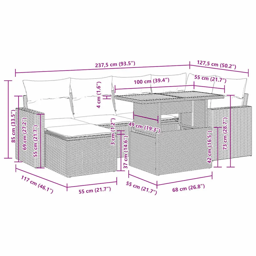 Salon de jardin avec coussins 7 pcs gris résine tressée - 16