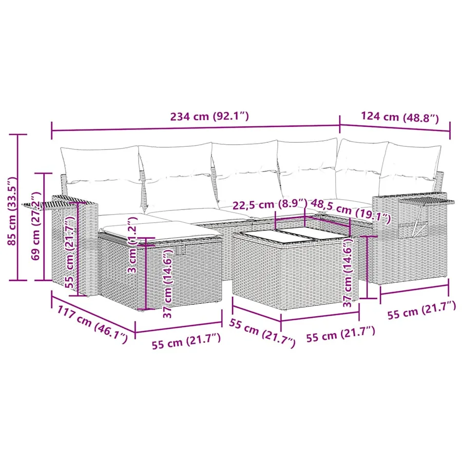 Salon de jardin 7 pcs avec coussins noir résine tressée 62 x 62 x 69 cm - 60,6 kg - 16