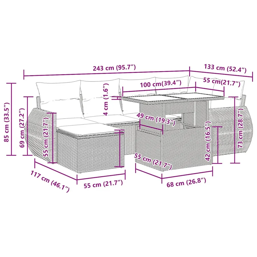 Salon de jardin 7 pcs avec coussins noir résine tressée 55 x 62 x 69 cm - 67,8 kg - 16