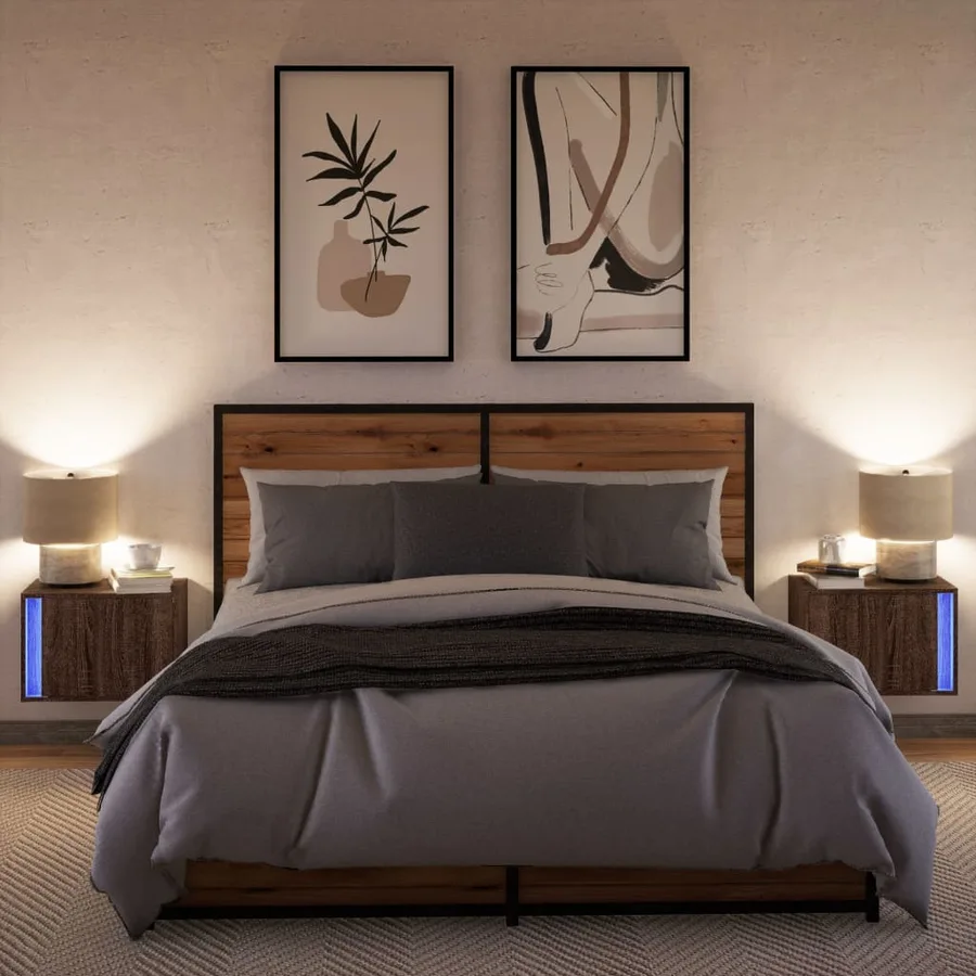 Tables de chevet murales avec lumières LED 2 pcs chêne marron - 5