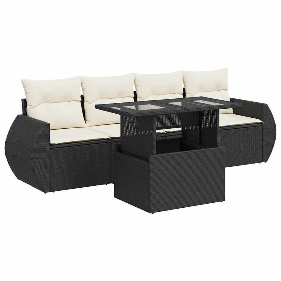 Salon de jardin 5 pcs avec coussins noir résine tressée - 2