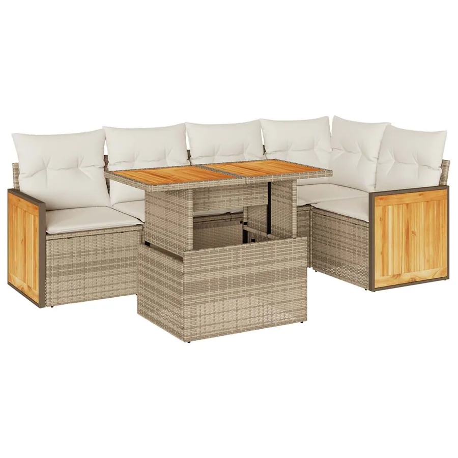 Salon de jardin 6 pcs avec coussins beige résine tressée acacia - 2