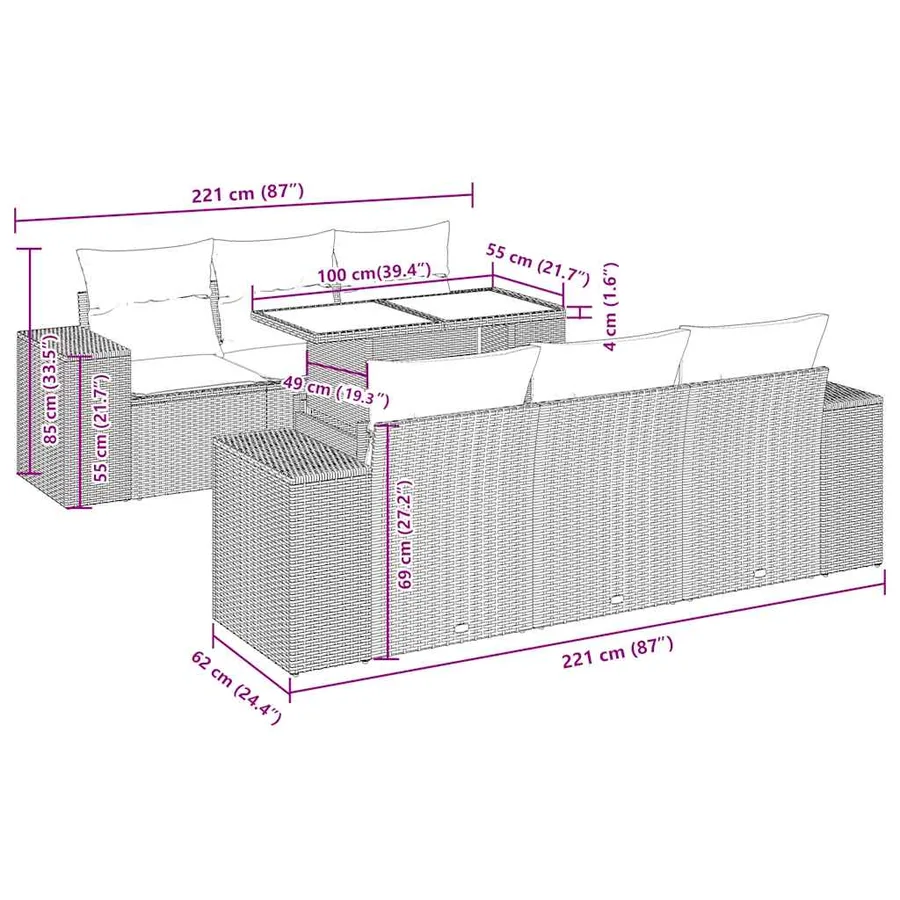 Salon de jardin 7 pcs avec coussins noir résine tressée 83 x 62 x 69 cm - 76,2 kg - 12