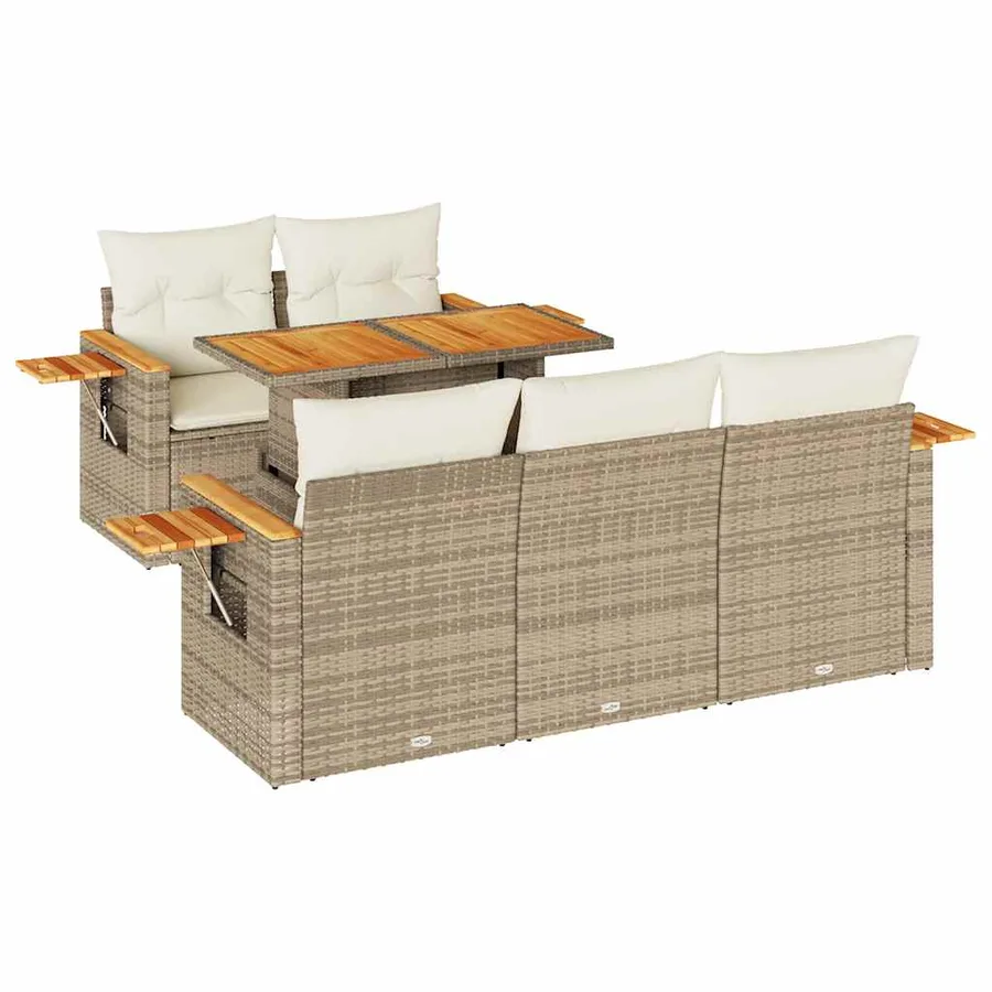 Salon de jardin 6 pcs avec coussins beige résine tressée acacia - 2