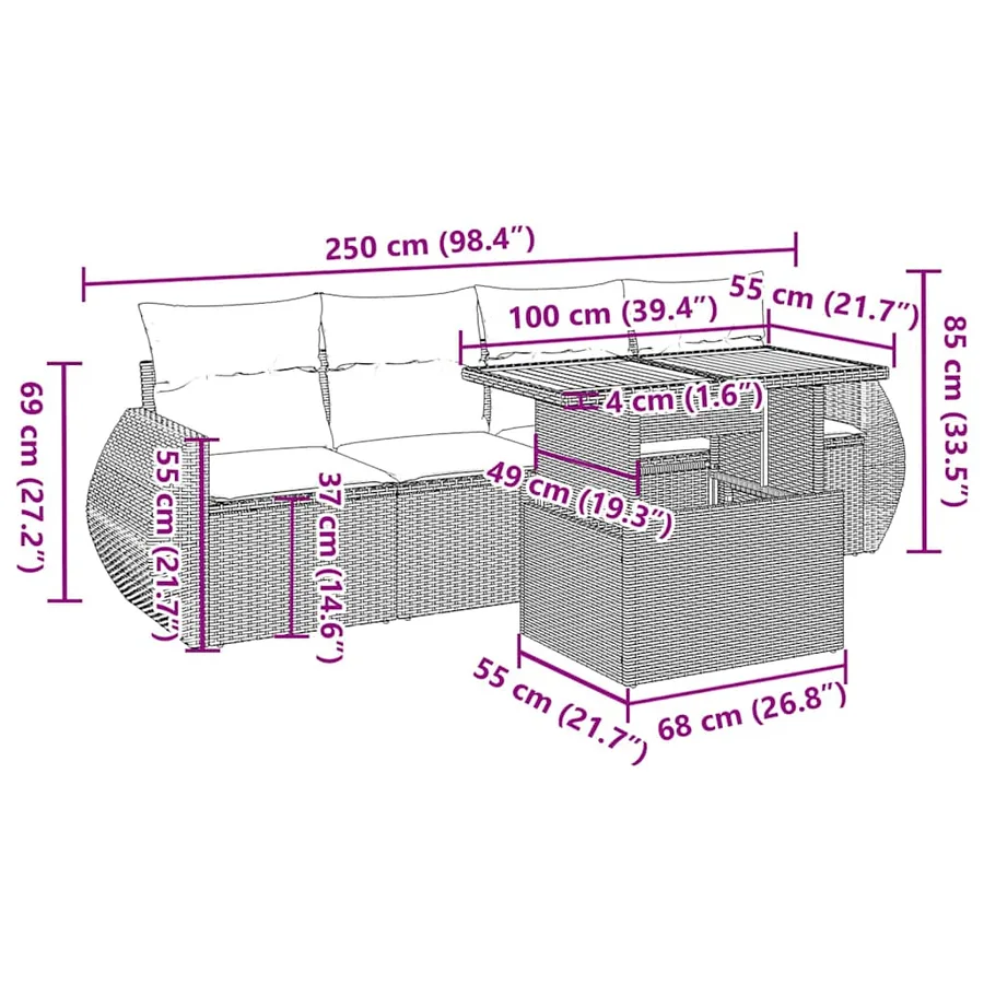 Salon de jardin avec coussins 5 pcs beige résine tressée - 12