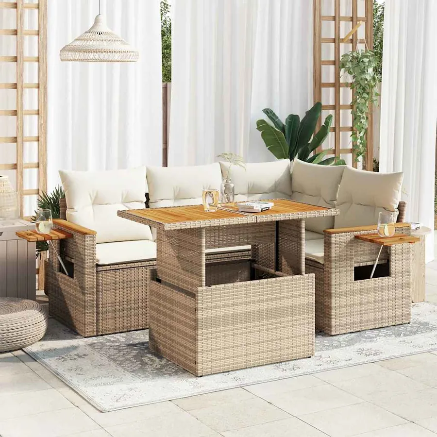 Salon de jardin avec coussins 5 pcs beige résine tressée acacia