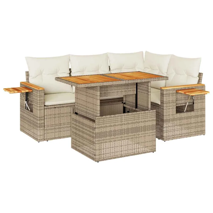 Salon de jardin avec coussins 5 pcs beige résine tressée acacia - 2