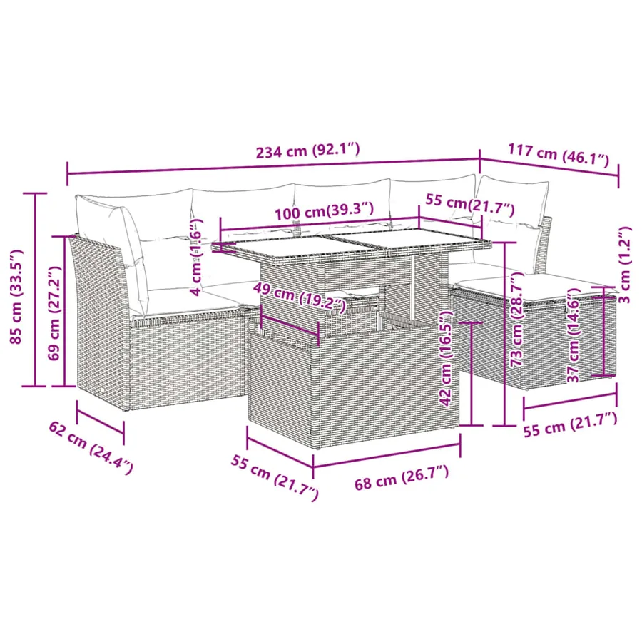 Salon de jardin 6 pcs avec coussins noir résine tressée - 13