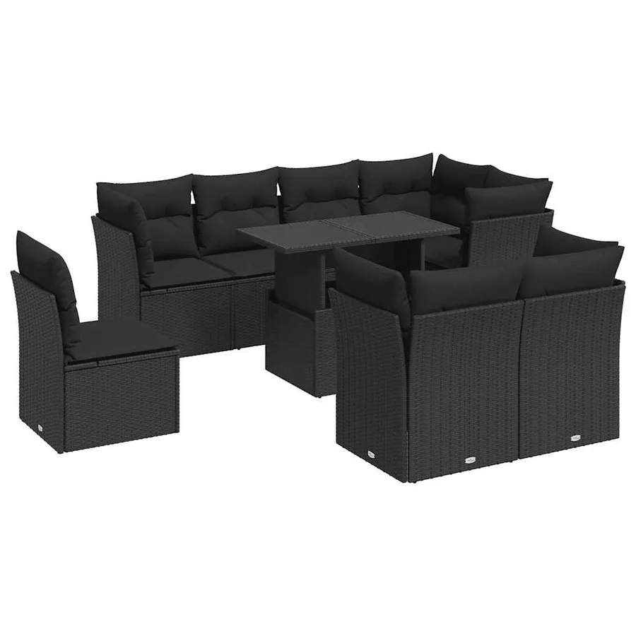 Salon de jardin 9 pcs avec coussins noir résine tressée - 2