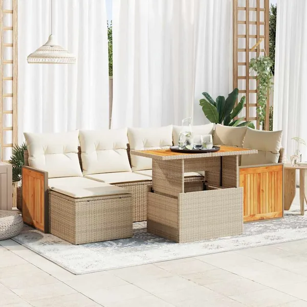 Salon de jardin avec coussins 7 pcs beige résine tressée acacia