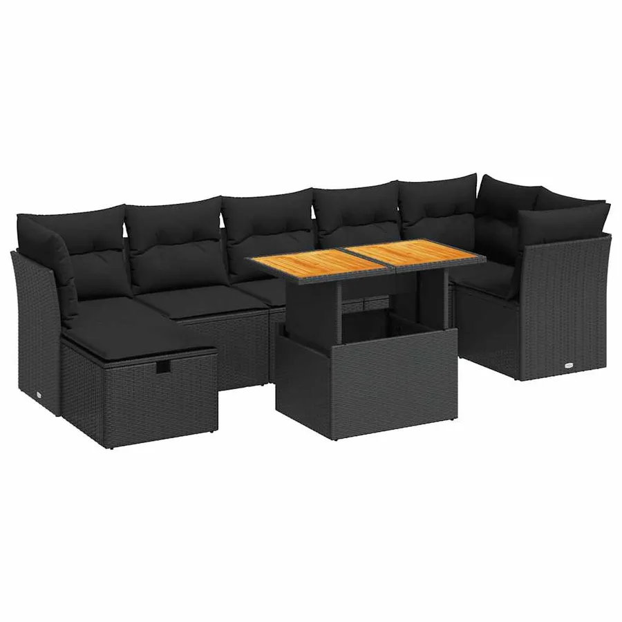 Salon de jardin avec coussins 8 pcs noir résine tressée acacia - 2