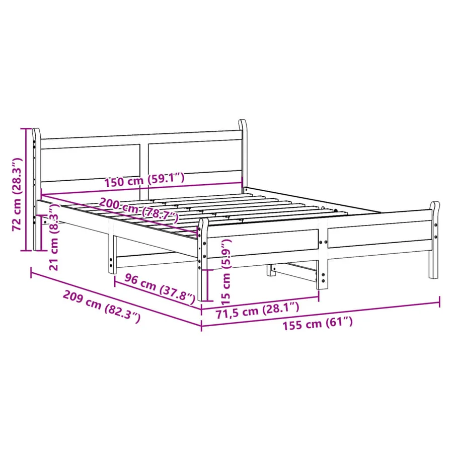 Cadre de lit sans matelas cire marron 150x200cm bois pin massif - 9
