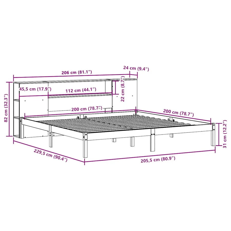 Lit bibliothèque sans matelas cire marron 200x200 cm pin massif - 12