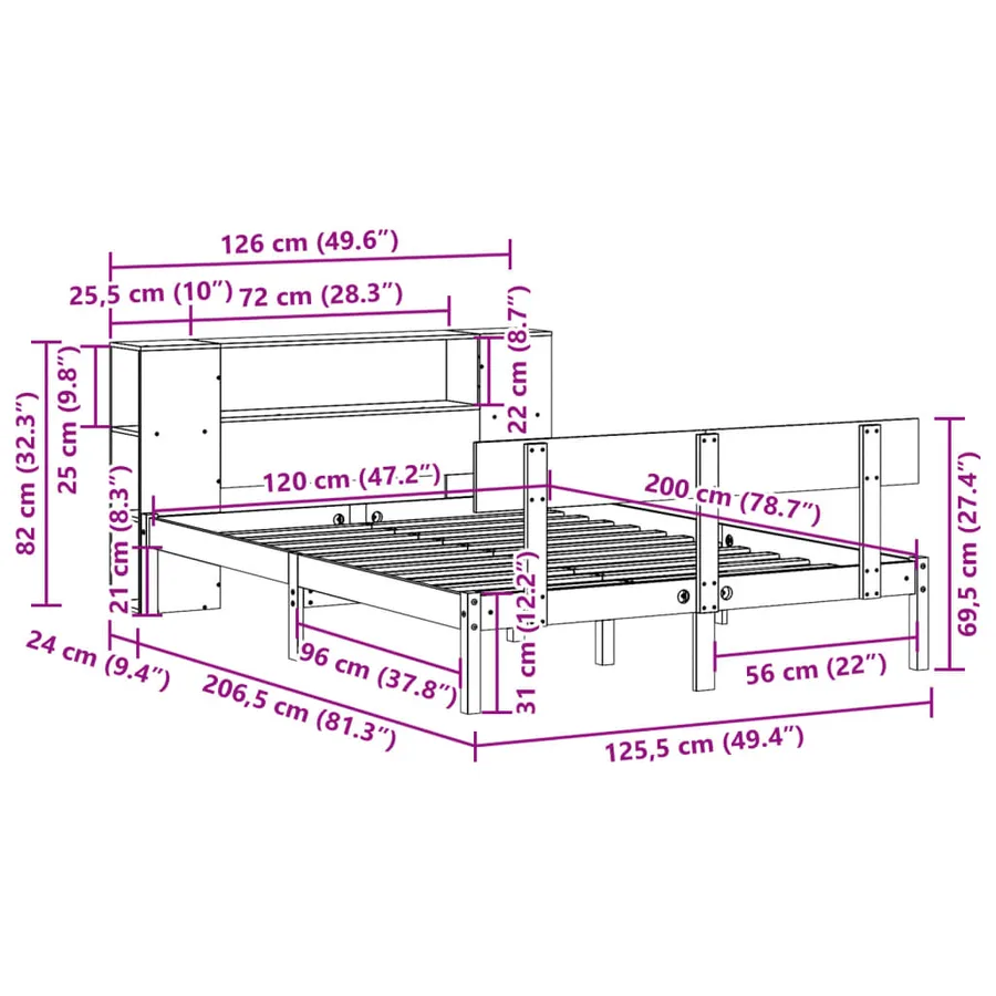 Lit bibliothèque sans matelas blanc 120x200 cm bois pin massif - 11