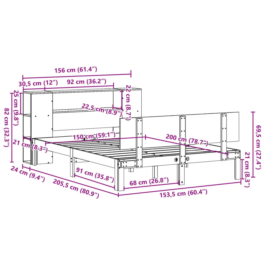 Lit bibliothèque sans matelas blanc 150x200 cm bois pin massif - 11