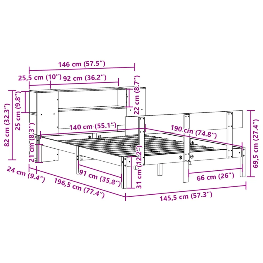 Lit bibliothèque sans matelas blanc 140x190 cm bois pin massif - 11