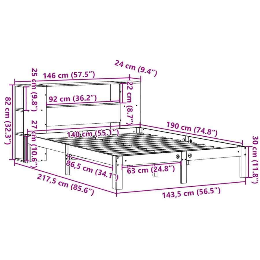 Lit bibliothèque sans matelas blanc 140x190 cm bois pin massif - 11