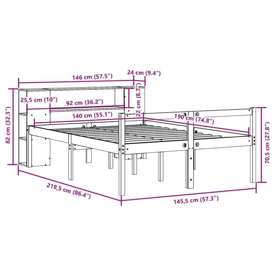 Lit bibliothèque sans matelas blanc 140x190 cm bois pin massif - 12