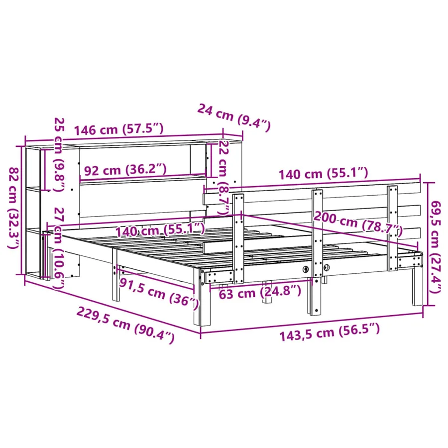 Lit bibliothèque sans matelas blanc 140x200 cm bois pin massif - 11
