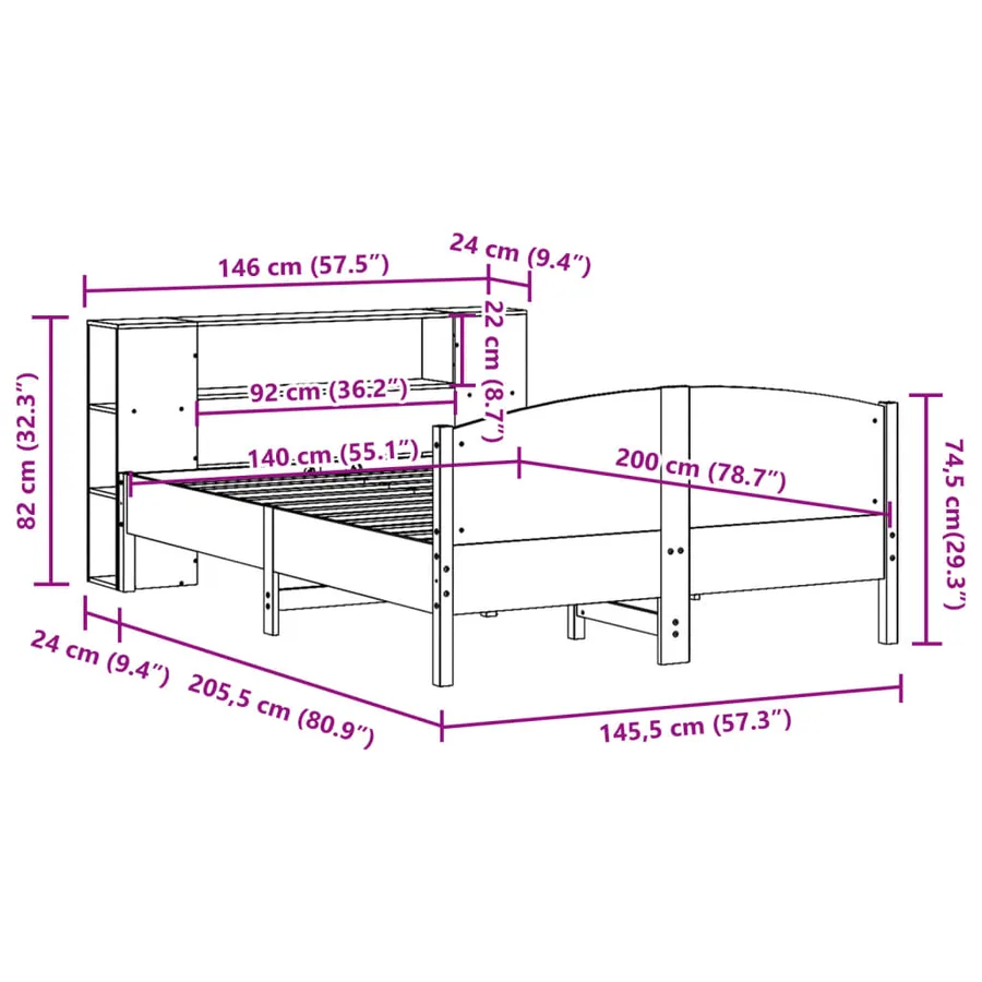 Lit bibliothèque sans matelas blanc 140x200 cm bois pin massif - 12
