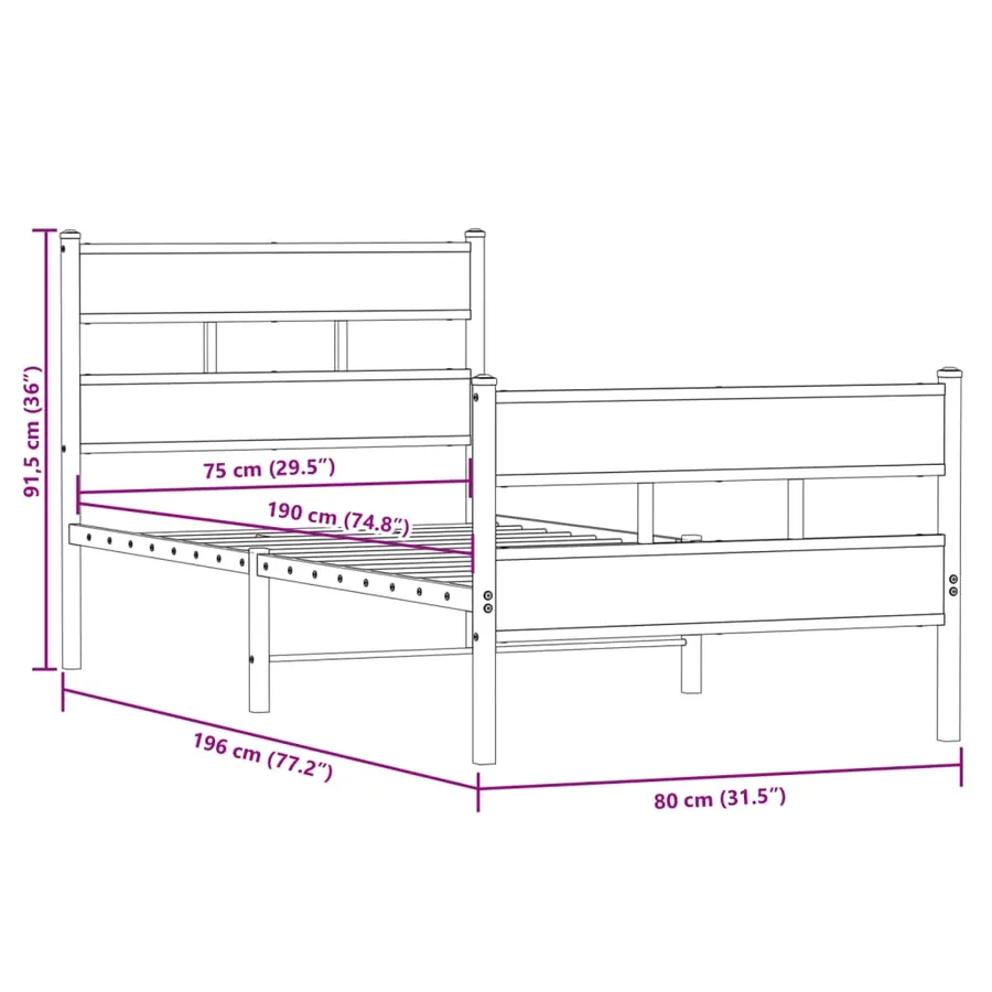 Cadre de lit en métal sans matelas chêne fumé 75x190 cm - 9