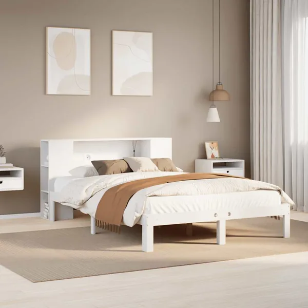 Lit bibliothèque sans matelas blanc 135x190 cm bois pin massif