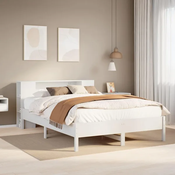 Lit bibliothèque sans matelas blanc 135x190 cm bois pin massif