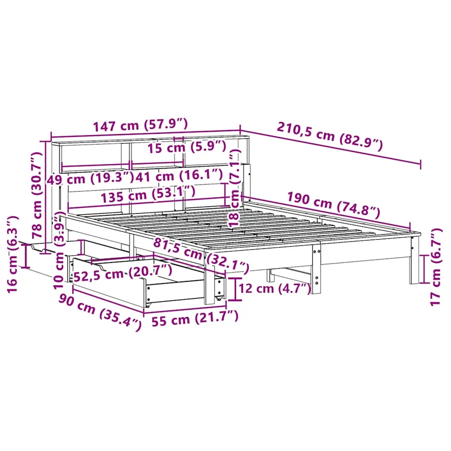 Lit bibliothèque sans matelas cire marron 135x190 cm pin massif - 12