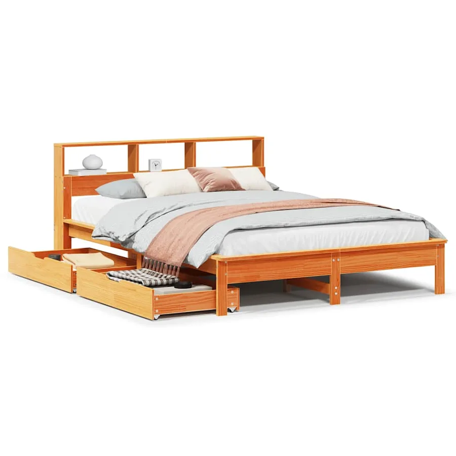 Lit bibliothèque sans matelas cire marron 135x190 cm pin massif - 2