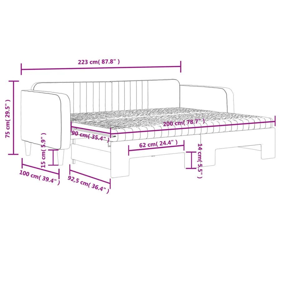 Lit de jour avec gigogne et matelas gris foncé 90x200cm velours - 12