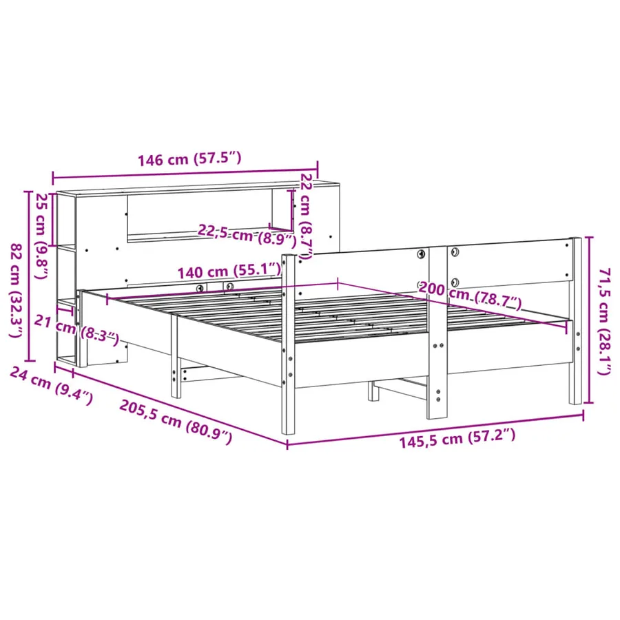 Lit bibliothèque sans matelas cire marron 140x200 cm pin massif - 12