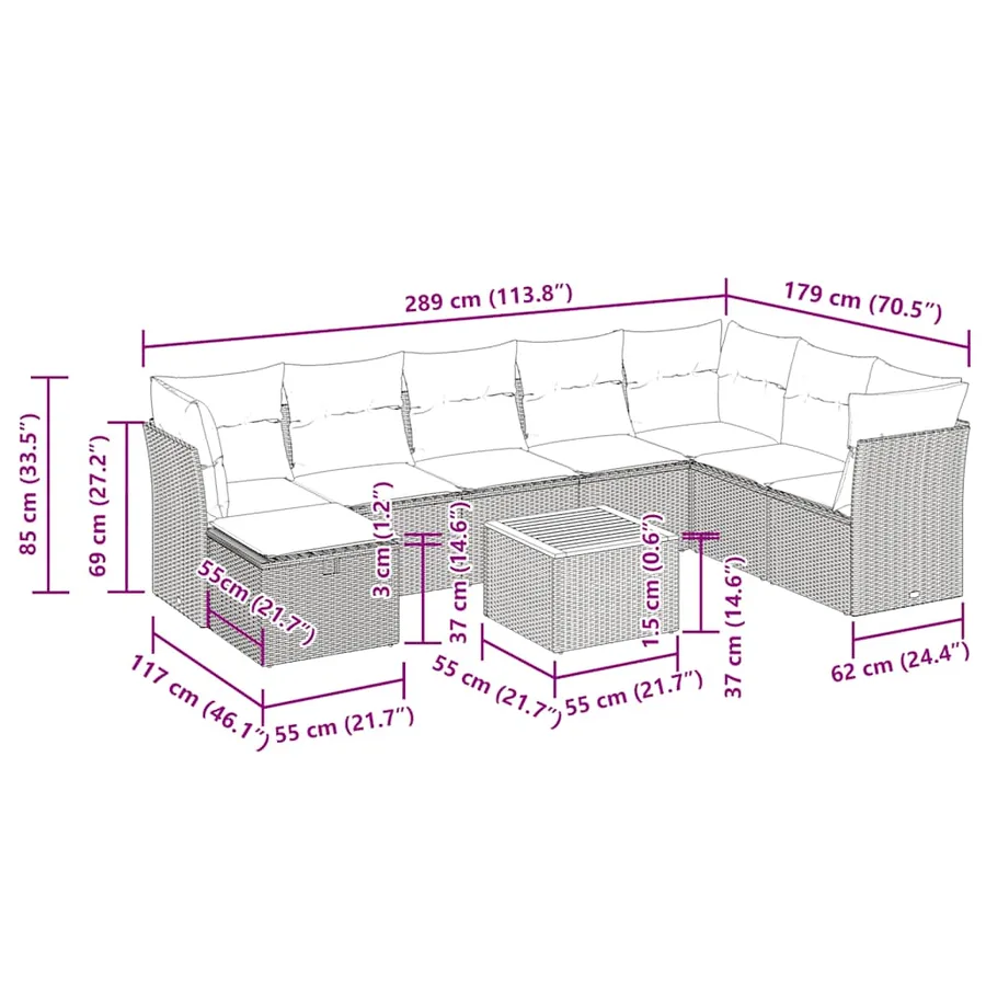 Salon de jardin avec coussins 9 pcs beige résine tressée - 12