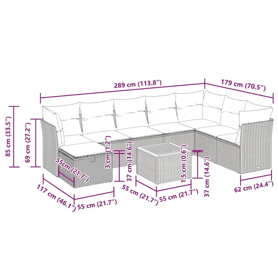 Salon de jardin avec coussins 9 pcs beige résine tressée - 17