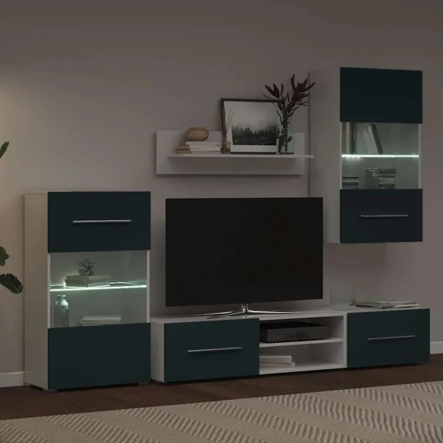 Meubles TV 5 pcs avec lumière LED indigo mat bois d'ingénierie - 4