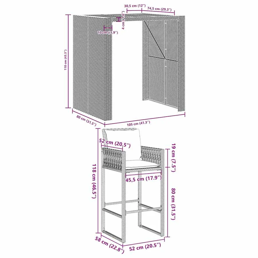 Ensemble de bar de jardin 3 pcs et coussins gris résine tressée - 8