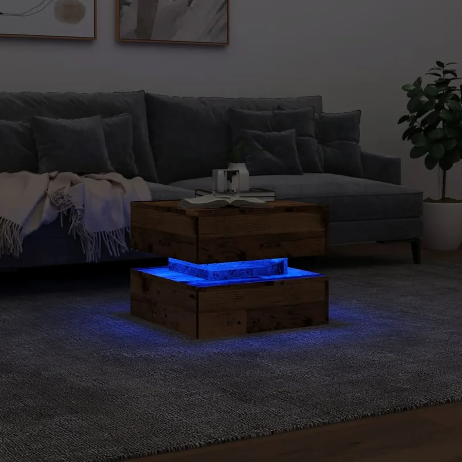 Table basse avec lumières LED vieux bois 50x50x40 cm - 5