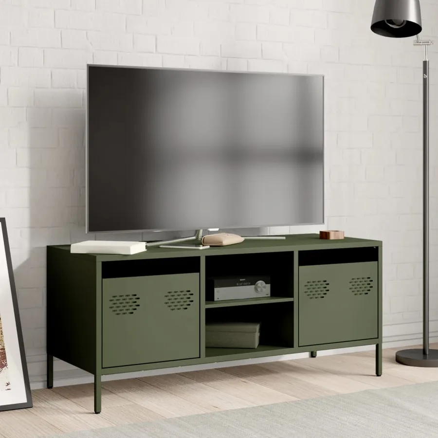 Meuble TV vert olive 101,5x39x43,5 cm acier laminé à froid - 3