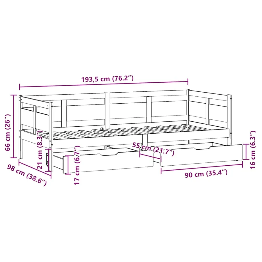 Lit de jour et tiroirs sans matelas blanc 90x190 cm bois massif - 12