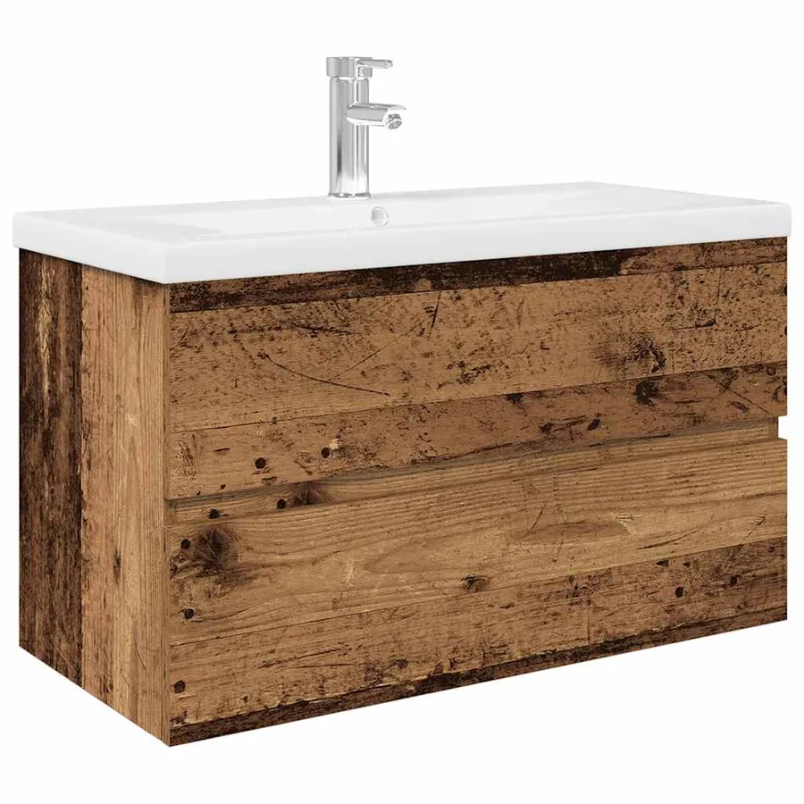 Meuble lavabo avec bassin et robinet intégrés vieux bois - 2