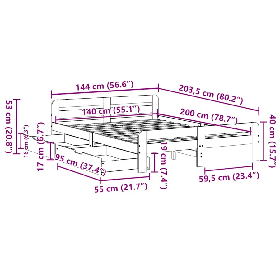 Cadre de lit sans matelas blanc 140x200 cm bois de pin massif - 12